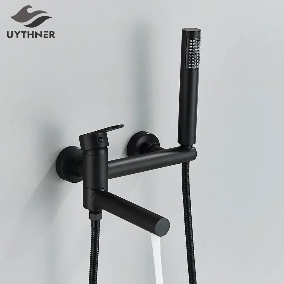 Black matte-finish wall-mounted mixer tap set with handheld spray and separate control lever for modern bathroom use