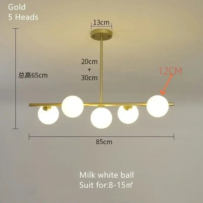 Modern gold bean glass chandelier with five milk white spherical glass bulbs for living room or dining room lighting