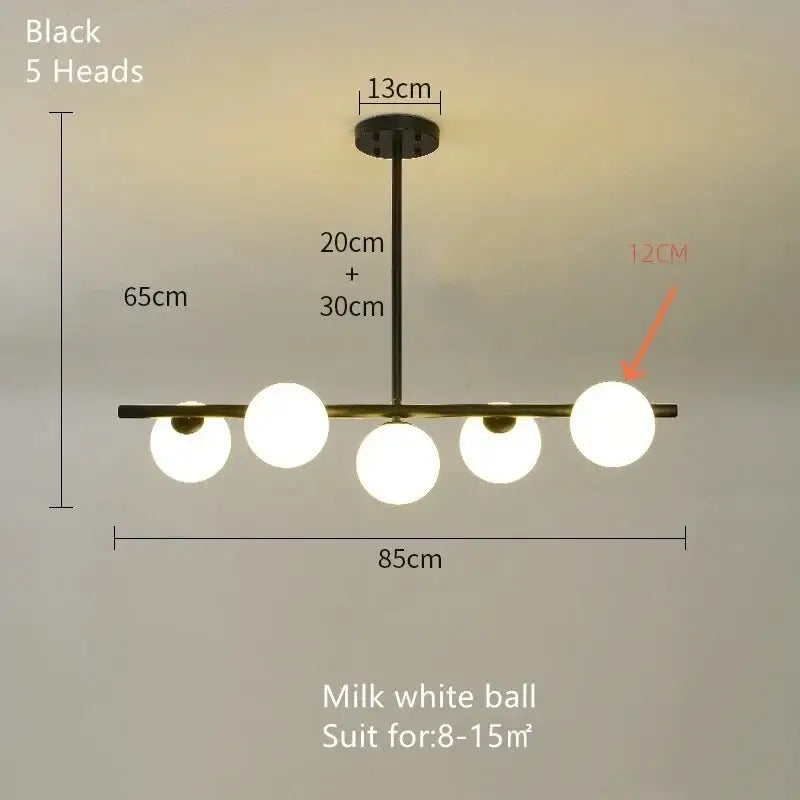 Modern black metal bean glass chandelier with five milk white spherical glass globes for dining room lighting