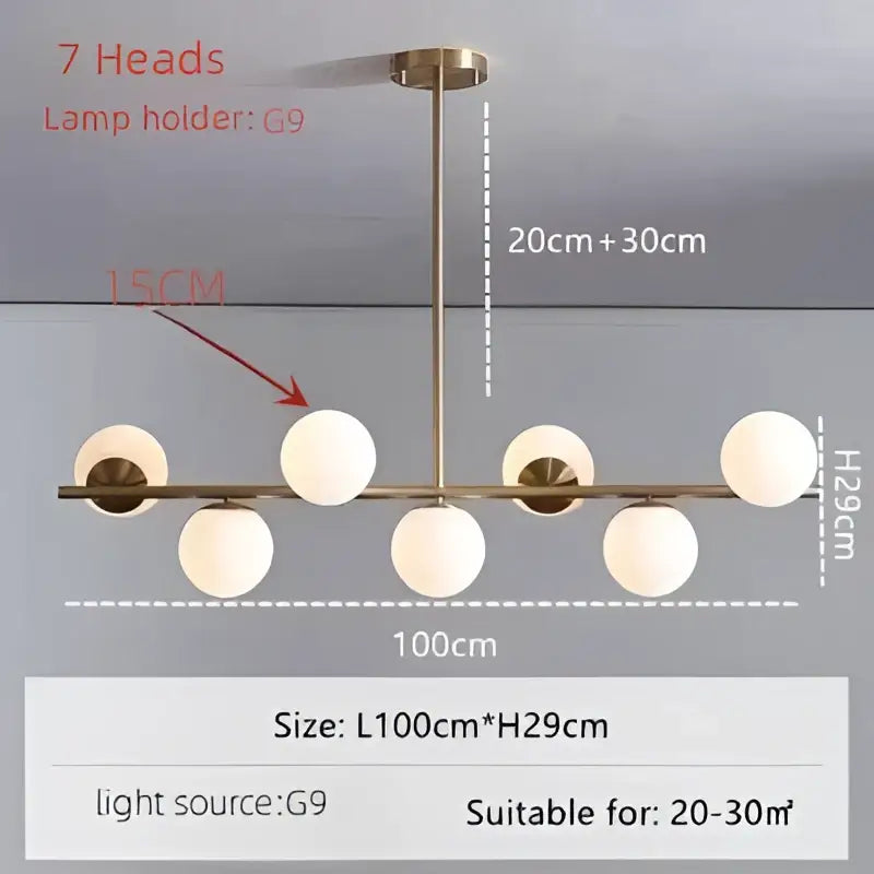 Modern gold bean glass chandelier with brass finish and seven frosted glass globes for dining room or living room lighting