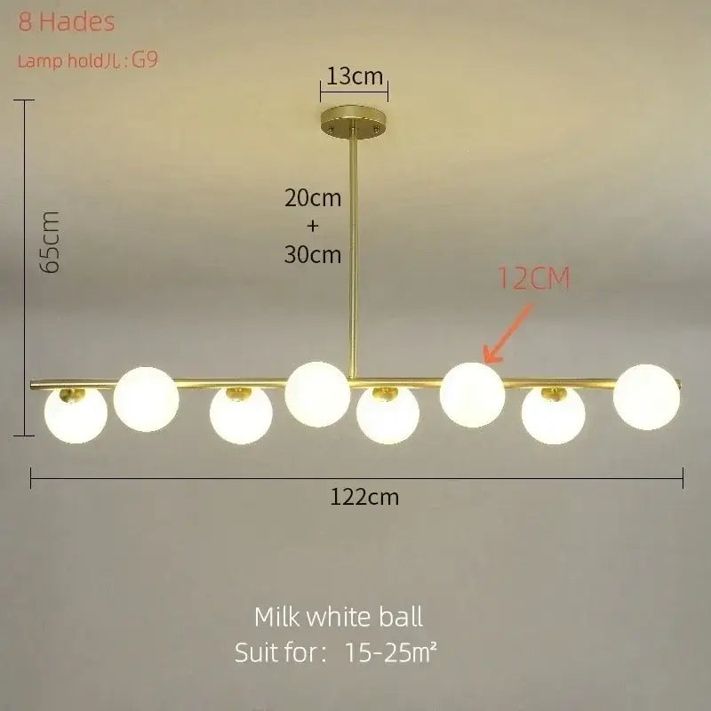 Modern gold bean glass chandelier with eight milk white spherical bulbs for dining room or living room lighting