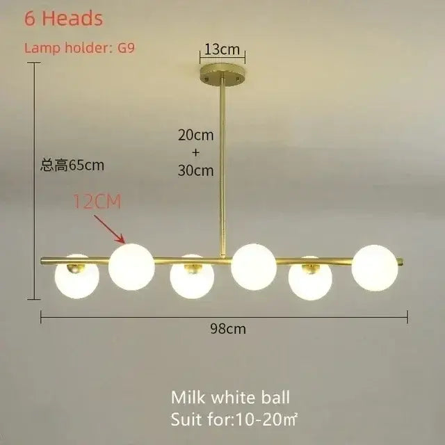 Modern gold bean glass chandelier with six milk white spherical glass lamp heads for dining room lighting