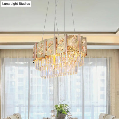 Lámpara de techo moderna de cristal biselado dorado de 10 luces con prismas colgantes escalonados