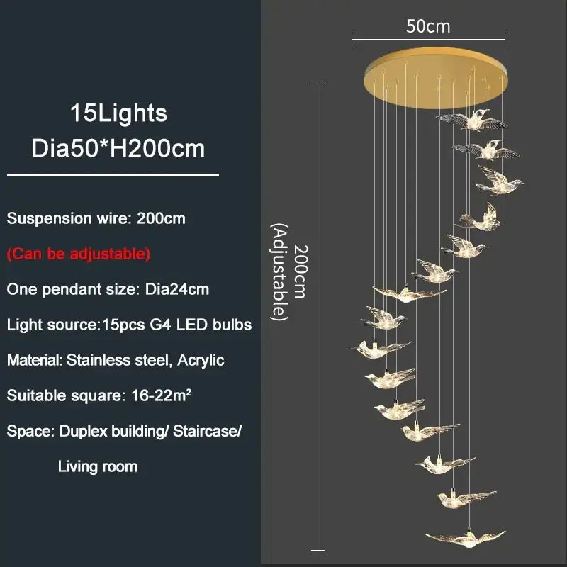 Modern gold decorbites bird design led chandelier with 15 translucent acrylic birds for living room decor