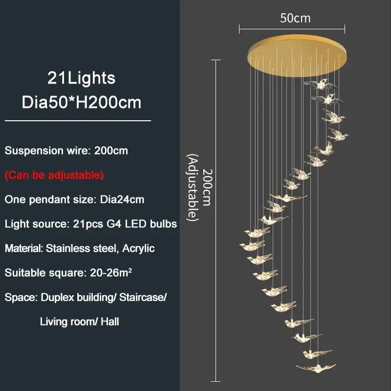 Modern gold decorbites bird design led chandelier with 21 lights and acrylic birds for living room decor