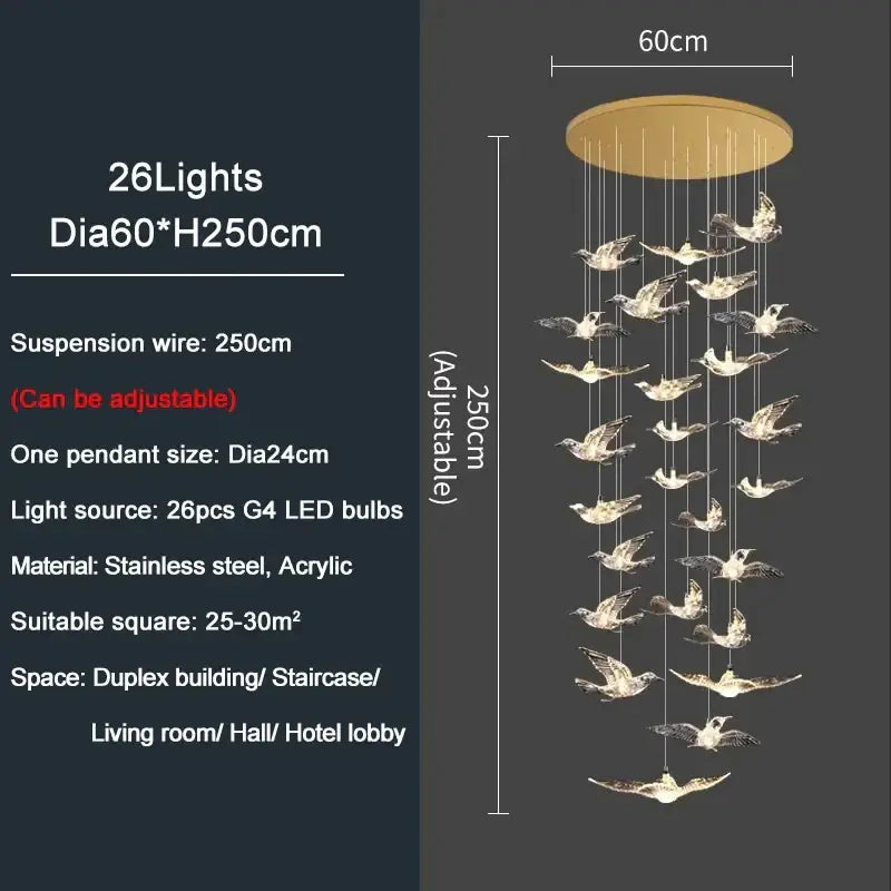 Modern gold bird design led chandelier with 26 acrylic birds and stainless steel for living room decorbites bird design