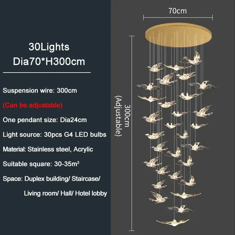 Modern gold bird design led chandelier with 30 illuminated pendants in stainless steel and acrylic for living room decorbites bird design