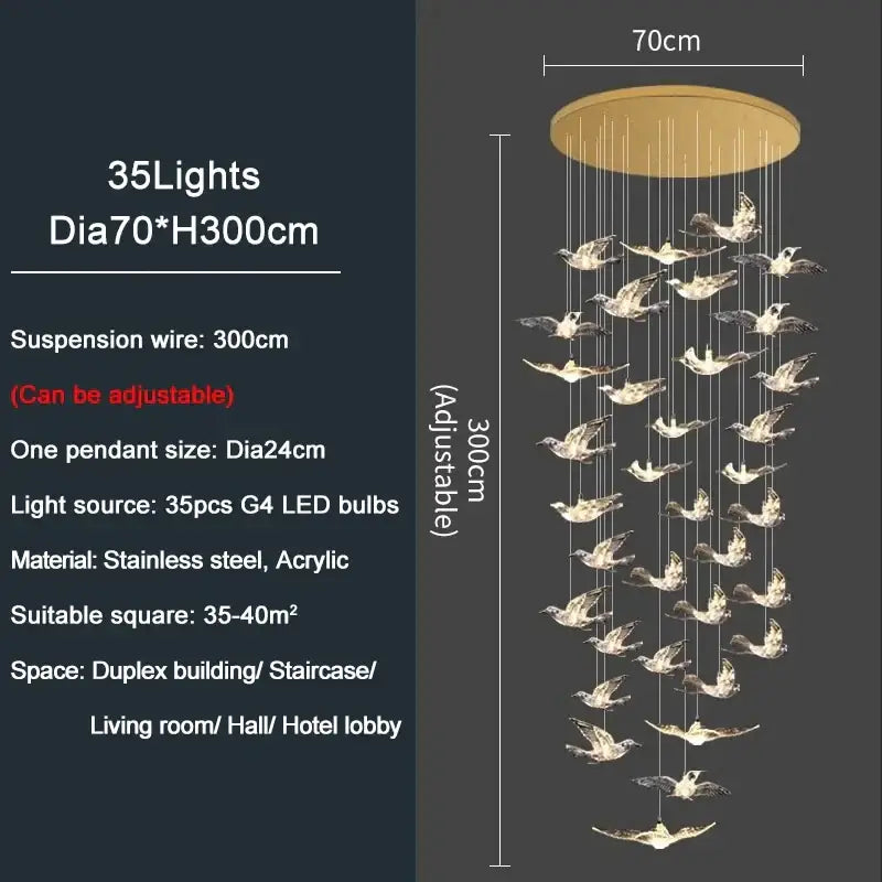 Modern gold bird design led chandelier with 35 cascading g4 led bulbs steel acrylic for living room decorbites bird design