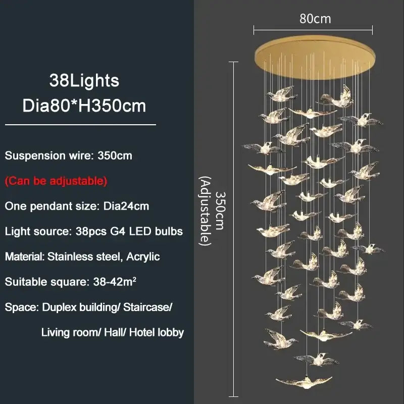Modern gold bird design led chandelier with 38 translucent acrylic birds and gold ceiling mount for living room decorbites bird design
