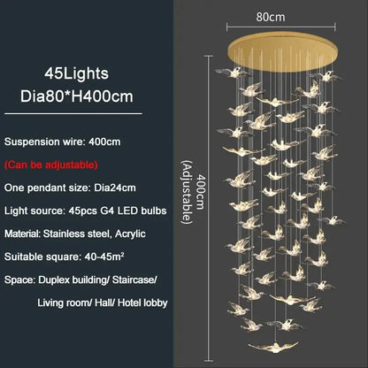 A modern gold bird design led chandelier with 45 g4 bulbs and stainless steel base for living room decorbites bird design