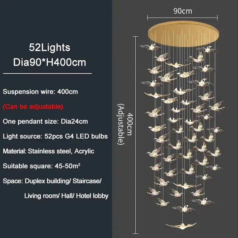 A modern gold bird design led chandelier with 52 translucent acrylic bird pendants and stainless steel mount for living room decorbites