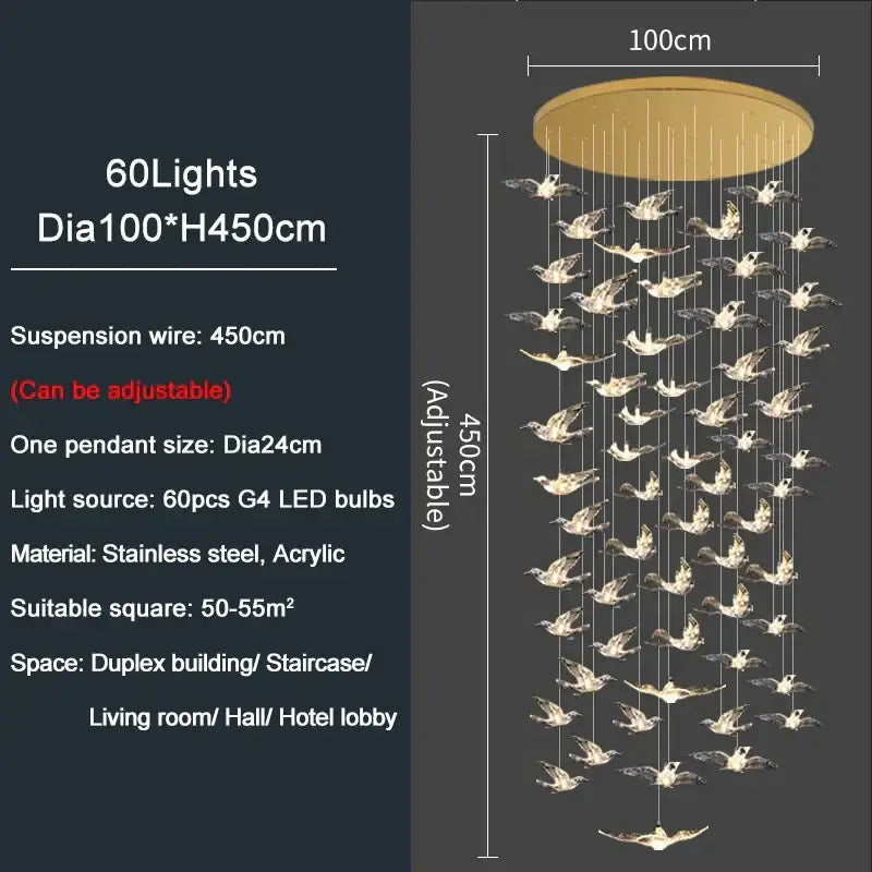 Modern gold decorbites bird design led chandelier with 60 lights stainless steel and acrylic birds for living room decor