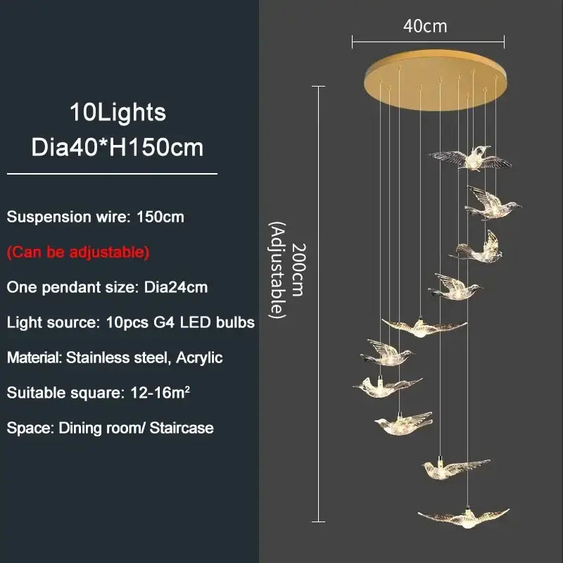 Modern gold bird design led chandelier with ten g4 led bulbs in stainless steel and acrylic for living room decorbites bird design