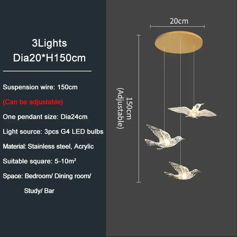 Modern gold bird design led chandelier with stainless steel and acrylic components featuring adjustable suspension wires for living room decorbites bird design