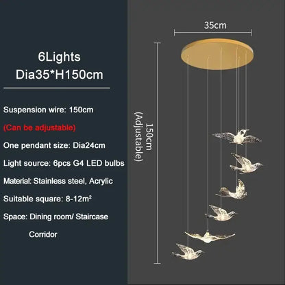 Modern gold bird design LED chandelier with six stainless steel and acrylic flying bird pendants for living room decorbites bird design