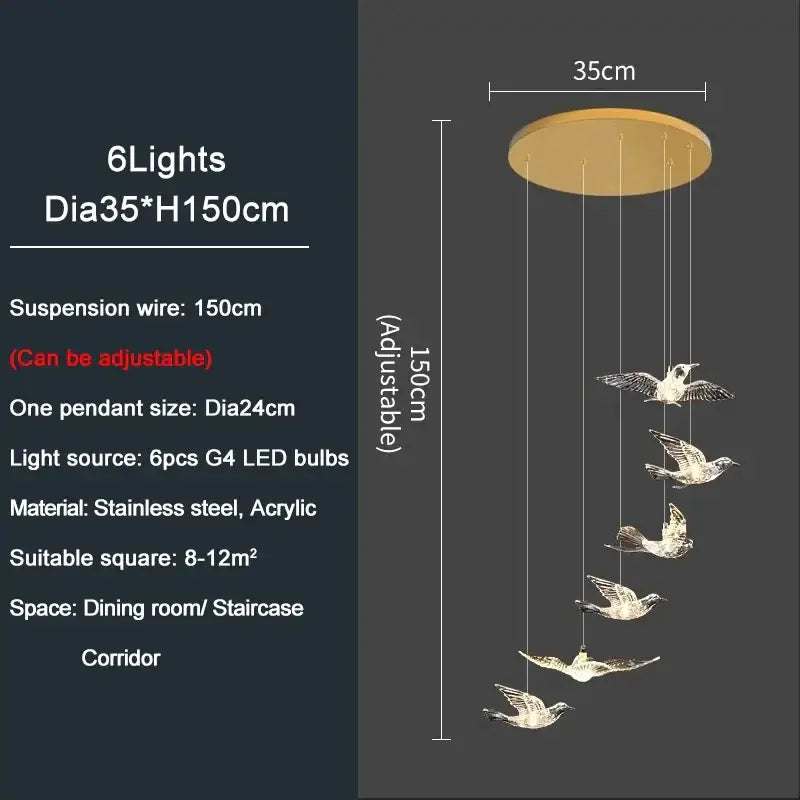 Modern gold bird design LED chandelier with six stainless steel and acrylic flying bird pendants for living room decorbites bird design