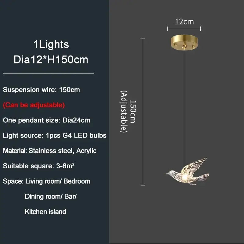 Modern gold decorbites bird design led chandelier with stainless steel and acrylic, adjustable 150cm suspension wire for living room