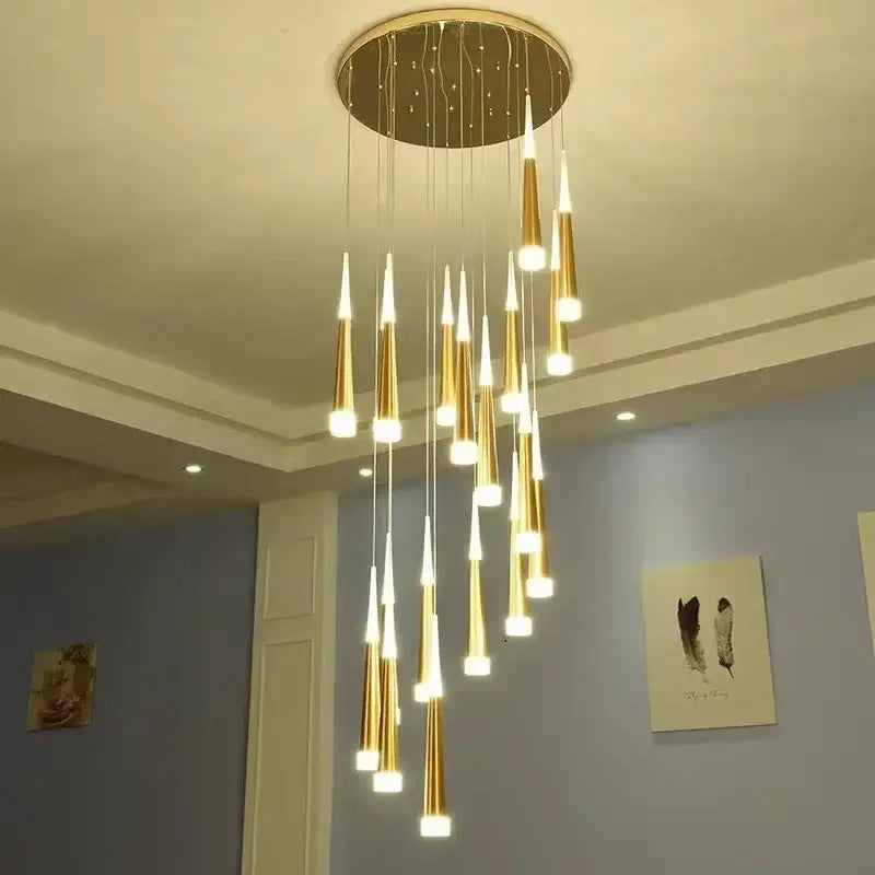 Modern gold black acrylic led chandelier with multiple tapered cone-shaped lights for staircase decorbites black acrylic design