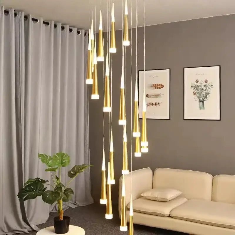 Modern gold black acrylic led chandelier with sleek tapered cylindrical shades and integrated led lighting for staircase decorbites black acrylic