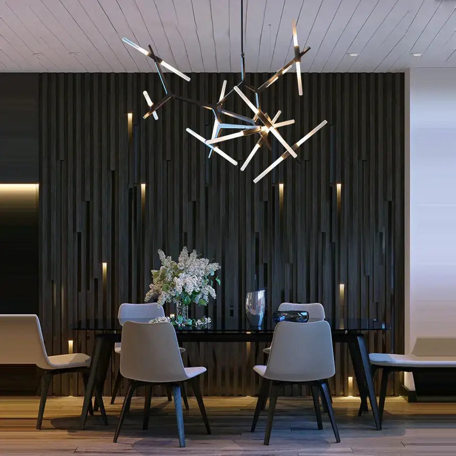 Modern gold and black decorbites branch suspension pendant light with intersecting metallic arms and warm LED lights