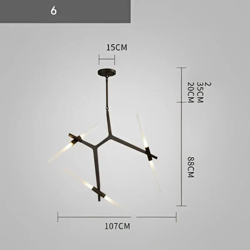 Black metal branch suspension pendant light with six slender arms and frosted glass shades for modern decorbites decor