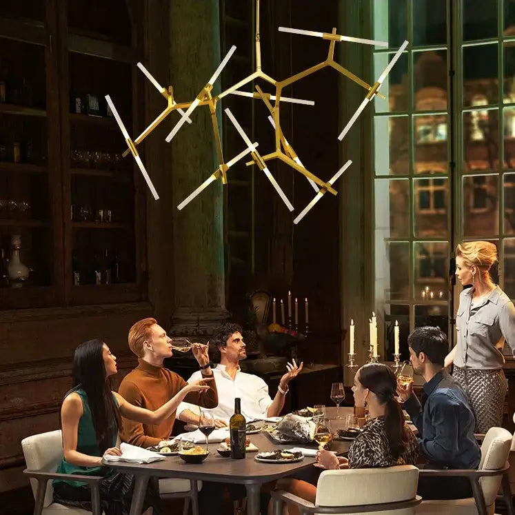 Modern gold and white geometric pendant light with molecular design for dining room decorbites branch suspension