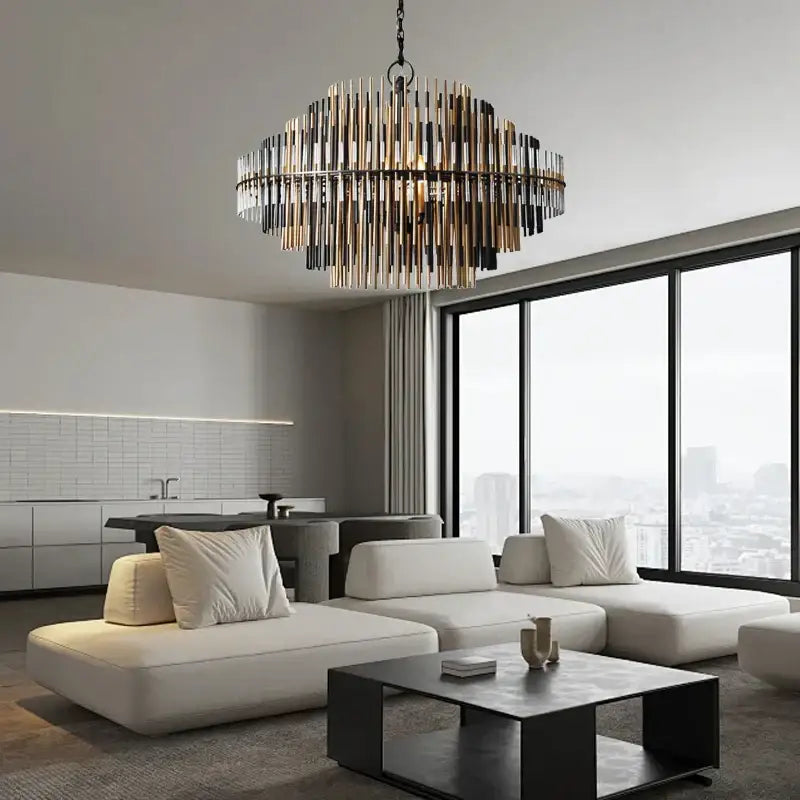 Modern gold and black brass glass ceiling chandelier with circular design and vertical rods for elegant living room decorbites brass glass