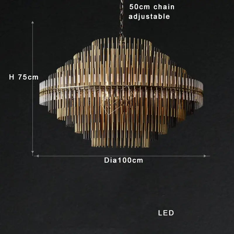 Modern gold and black brass glass ceiling chandelier with tiered geometric design of gold and silver rods by decorbites brass glass