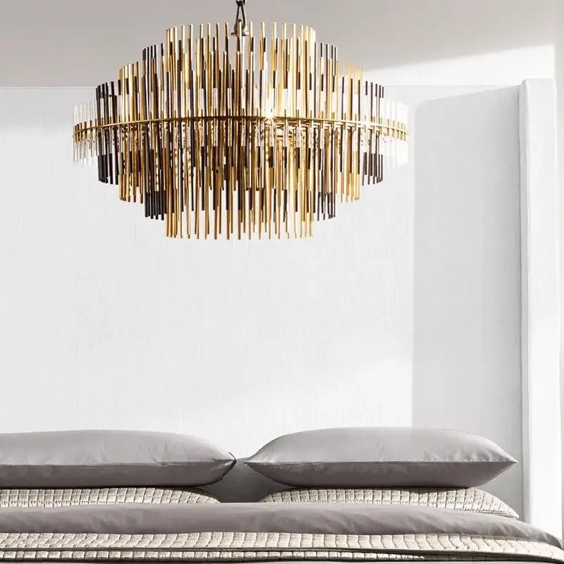 A modern gold and black brass glass ceiling chandelier with concentric metallic rods ideal for living room decorbites brass glass decor