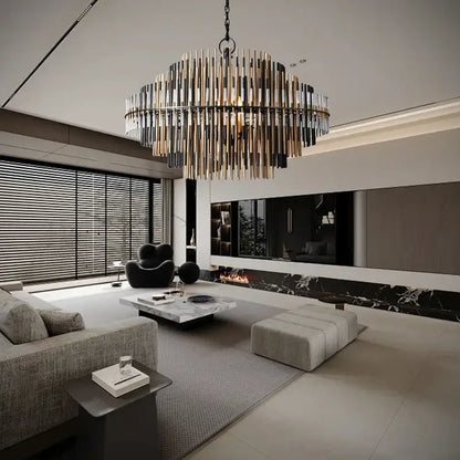 Modern gold and black brass glass ceiling chandelier with circular design and vertical rods for living room decorbites brass glass