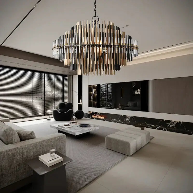 Modern gold and black brass glass ceiling chandelier with circular design and vertical rods for living room decorbites brass glass