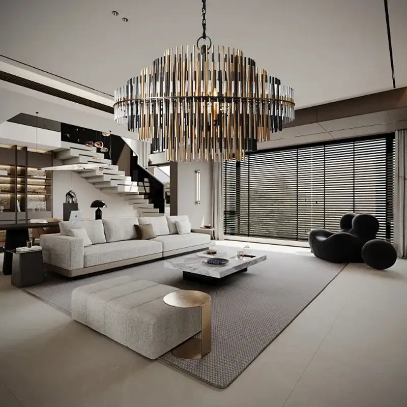 A modern gold and black brass glass ceiling chandelier with vertical rods for living room decorbites brass glass lighting