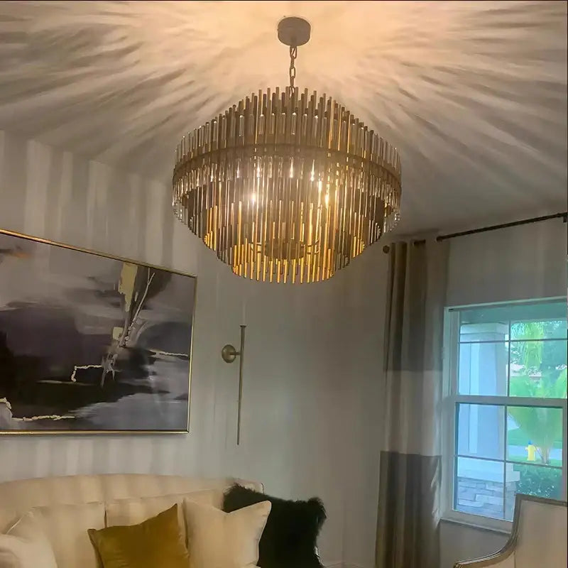 Modern gold and black brass glass ceiling chandelier with vertical crystal rods for elegant living room decorbites brass glass lighting