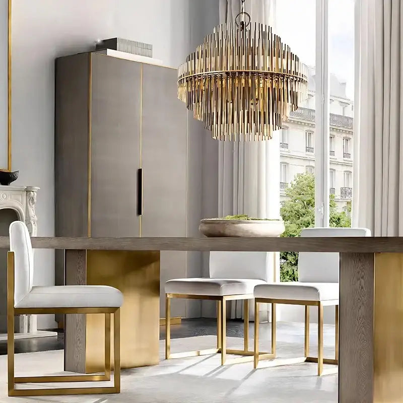 Modern gold and black brass glass ceiling chandelier with slender vertical rods in a circular pattern for living room decorbites brass glass
