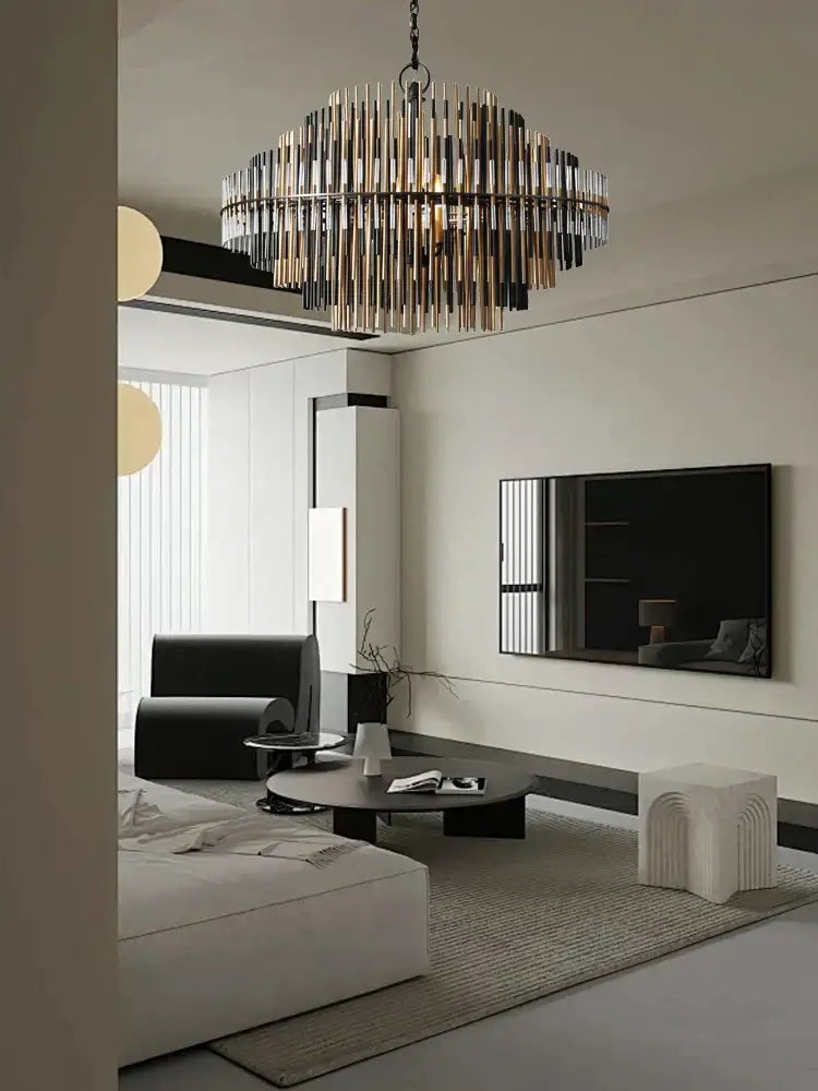 Modern gold and black brass pendant light with circular frame and vertical rods for dining room decorbites brass pendant