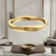 Modern gold and black circle pendant light with elegant black intertwined ring design for living room chandelier