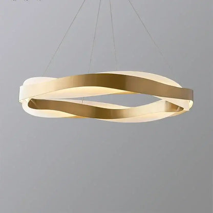 Modern gold and black pendant light featuring an elegant black circle with sleek intertwined rings for living room chandelier