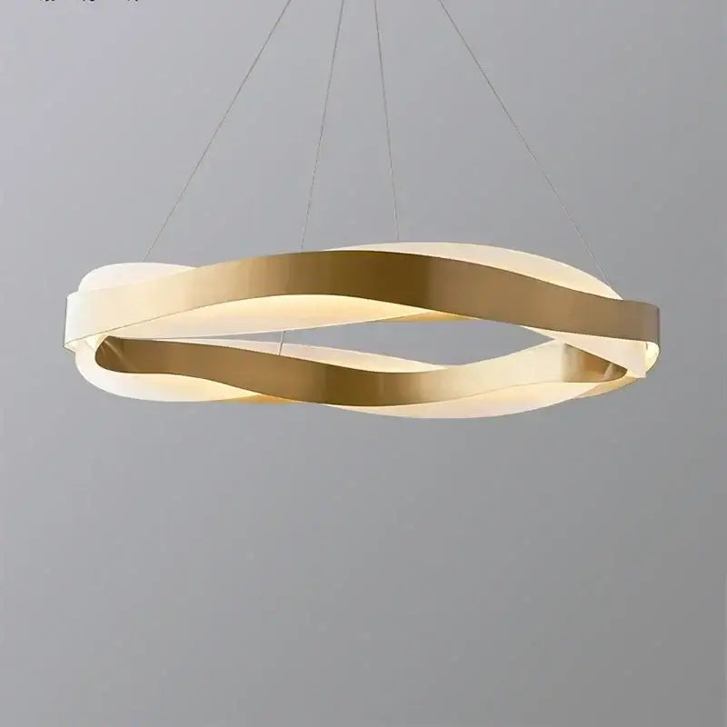 Modern gold and black pendant light featuring an elegant black circle with sleek intertwined rings for living room chandelier
