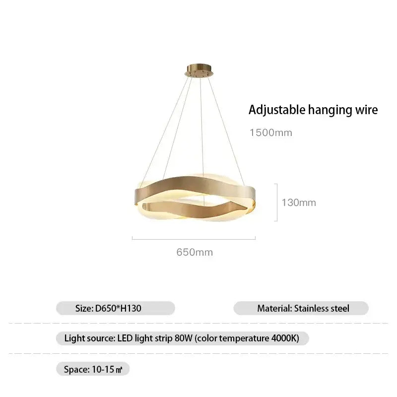 Modern gold and black circle pendant light with sleek wavy design and integrated led strip lighting for elegant living room