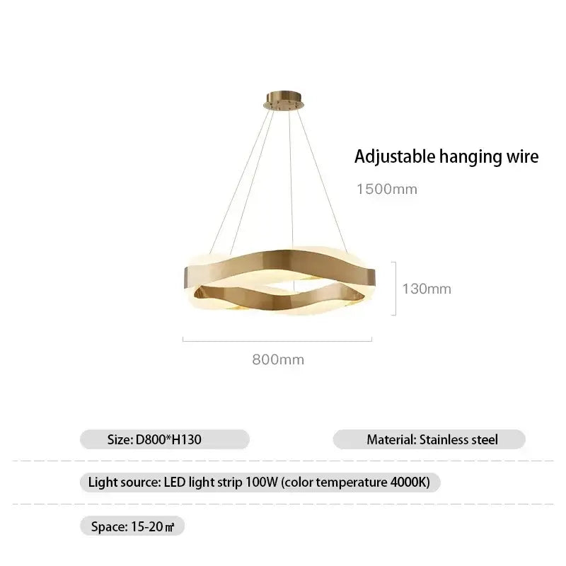 Modern gold and black circle pendant light featuring a sleek wavy design with gold-toned stainless steel and led strip lighting
