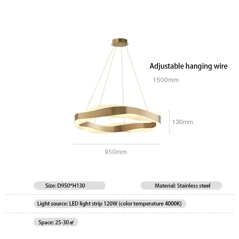 Modern gold-toned stainless steel pendant light with led strip featuring an elegant black circle design for living room chandelier