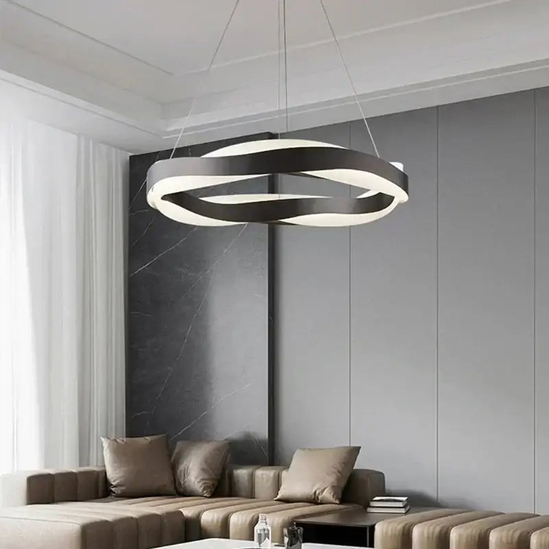 Modern gold and black circle pendant light with elegant black circle ring-shaped intertwined design chandelier