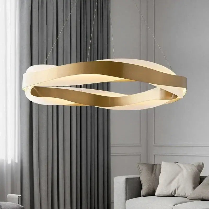 Modern gold and white twisted pendant light with elegant black circle design for living room chandelier lighting