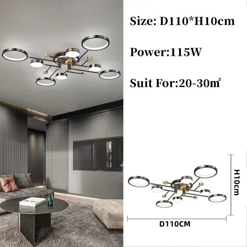 Modern gold black pendant light with brass hub and black metal circular LED rings for living room decorbites gold black design