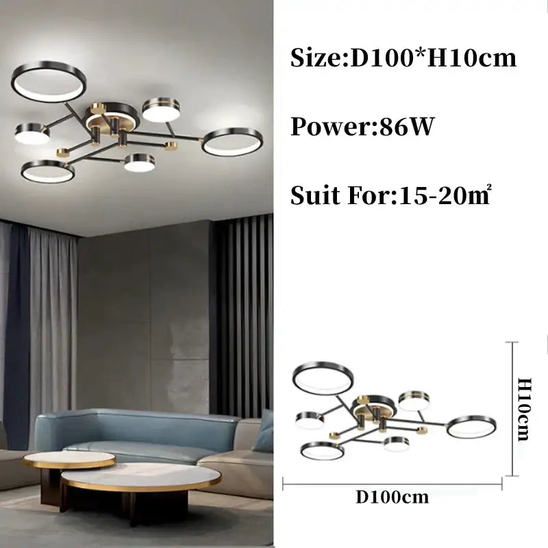 Modern gold black pendant light with multiple illuminated circular rings designed for living room decorbites gold black decor
