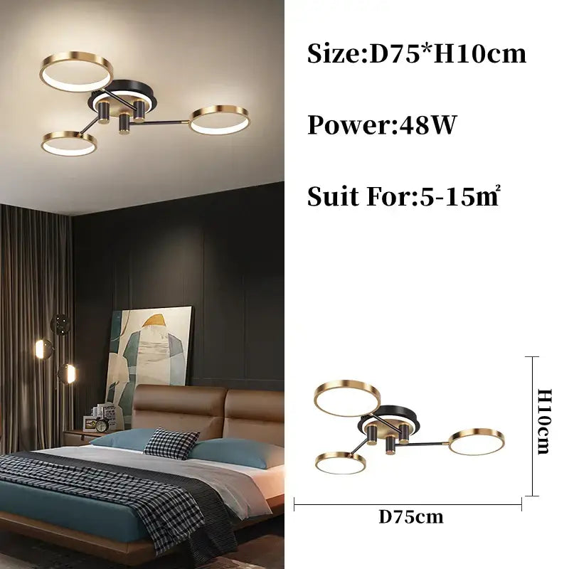 Modern gold black pendant light with four circular gold-toned rings and black hub for contemporary living room decorbites design