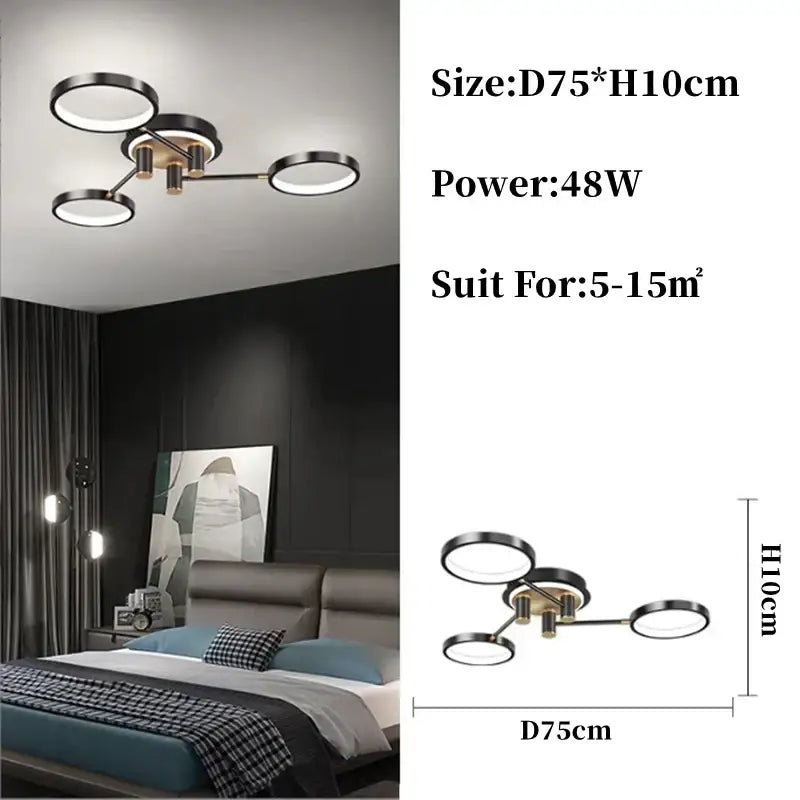 Modern gold black pendant light with four illuminated circular led rings for living room decorbites gold black style