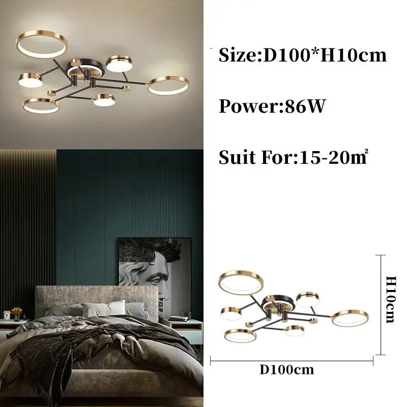 Modern gold black pendant light with circular illuminated rings and sleek black frame for living room decorbites gold black