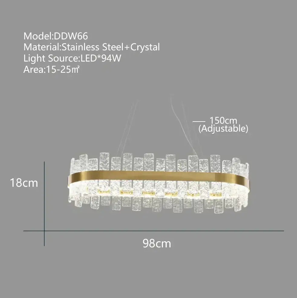 Modern gold and black crystal led chandelier with a gold-toned oval frame and decorbites crystal led accents for dining room decor