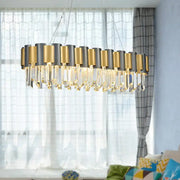 Decorbites™ tri-sided crystal rod hanging lamp with 10 heads featuring gold and matte black cylindrical shades hanging lamp
